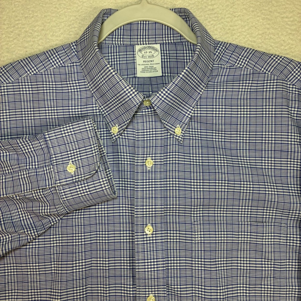 Brooks Brothers Regent Oxford Shirt Men 17x35 Blue Plaid Supima Cotton Business
